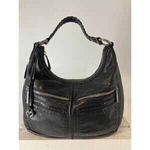 BRIGHTON LARGE BLACK LEATHER, ANIMAL PRINT TRIM SHOULDER BAG